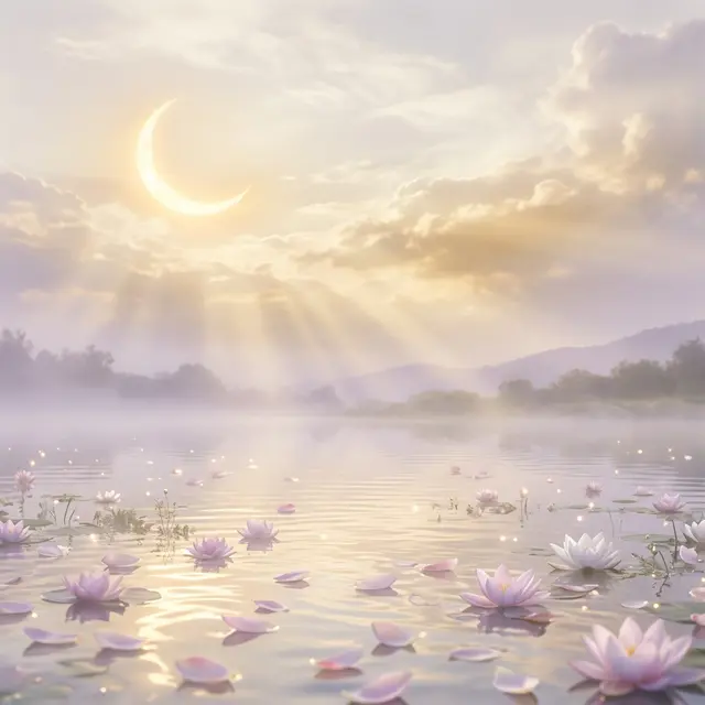 Ethereal golden crescent moon in misty sky